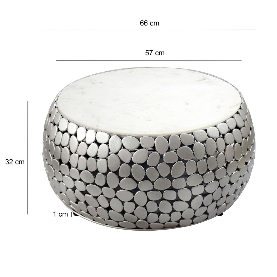 Design sofabord rundt 66 cm lavet af aluminium sølv og hvid marmor bordplade, håndlavet