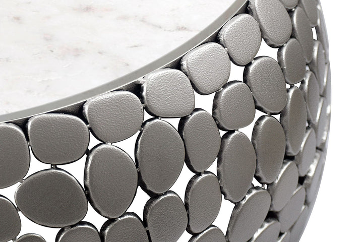 Design sofabord rundt 66 cm lavet af aluminium sølv og hvid marmor bordplade, håndlavet