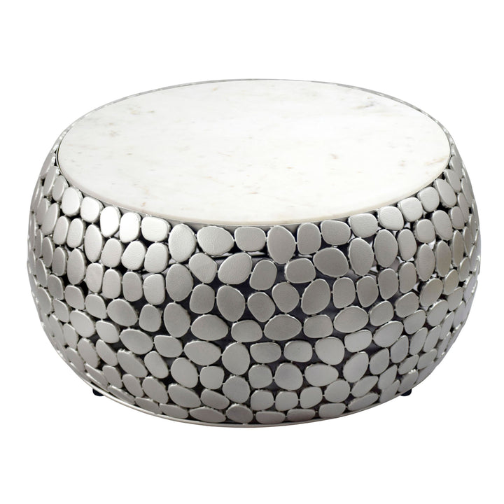 Design sofabord rundt 66 cm lavet af aluminium sølv og hvid marmor bordplade, håndlavet