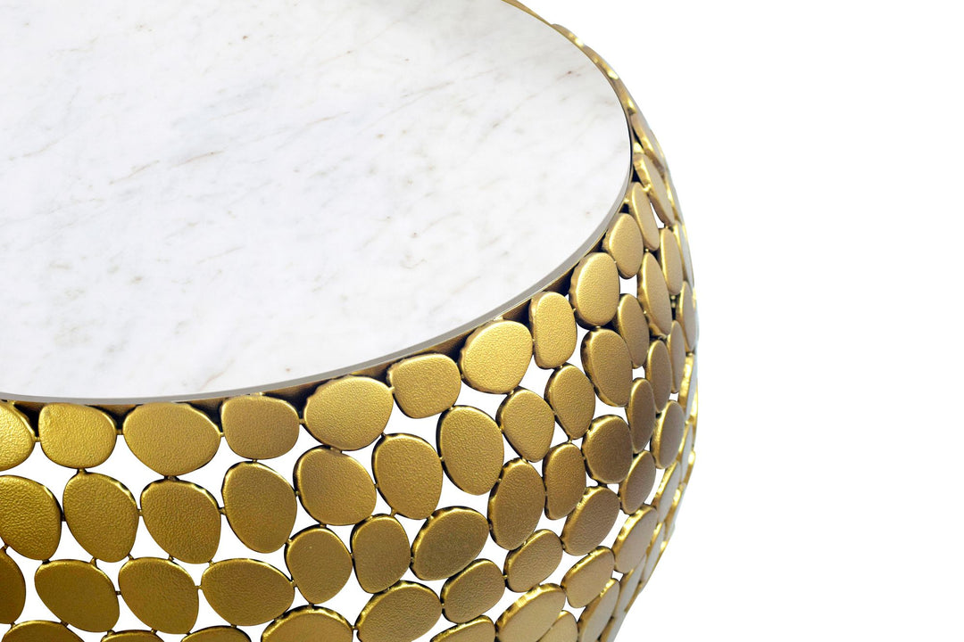 Design sofabord rundt 66 cm lavet af aluminium guld og hvid marmor bordplade, håndlavet