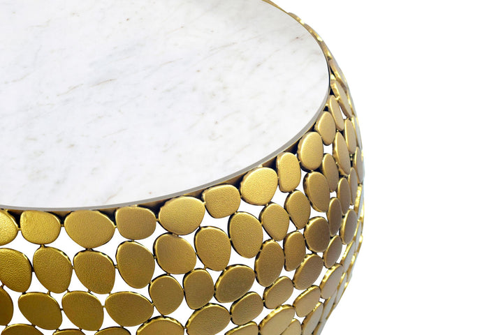 Design sofabord rundt 66 cm lavet af aluminium guld og hvid marmor bordplade, håndlavet