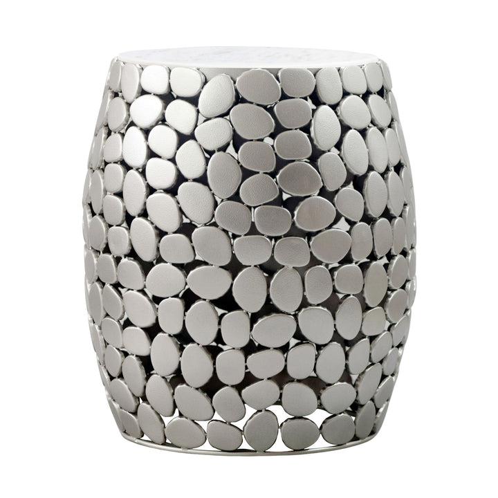 Design sidebord rundt 40 cm lavet af aluminium sølv & hvid marmor bordplade, håndlavet