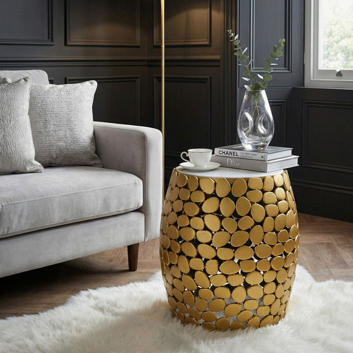 Design sidebord rundt 40 cm af aluminium guld & hvid marmor bordplade - sofabord i metal, håndlavet