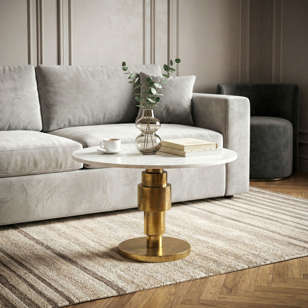 Rundt Sofabord 60 cm i Guld Aluminium med Hvid Marmorbordplade – Moderne Designbord