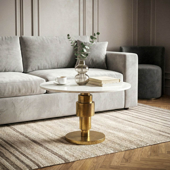 Rundt Sofabord 60 cm i Guld Aluminium med Hvid Marmorbordplade – Moderne Designbord