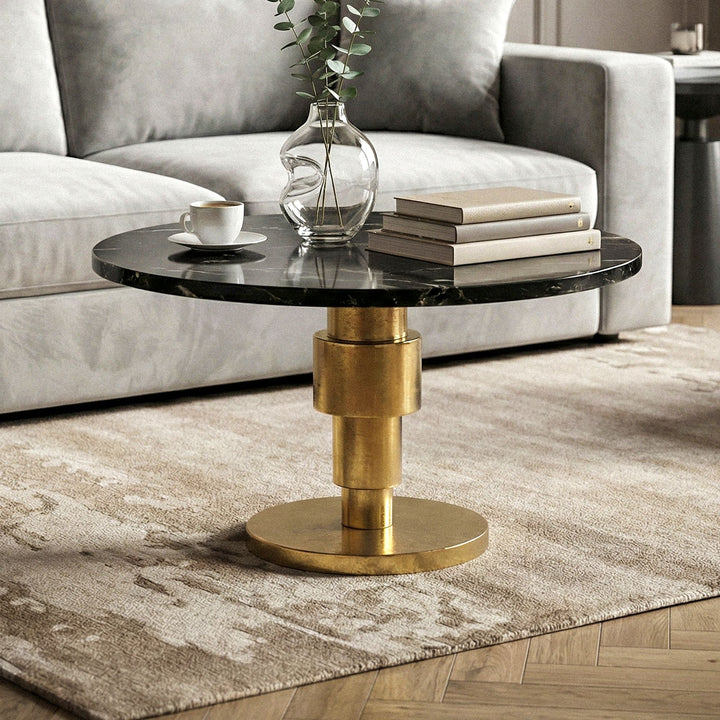 Rundt Sofabord 60 cm i Guld Aluminium med Sort Marmorbordplade – Moderne Designbord