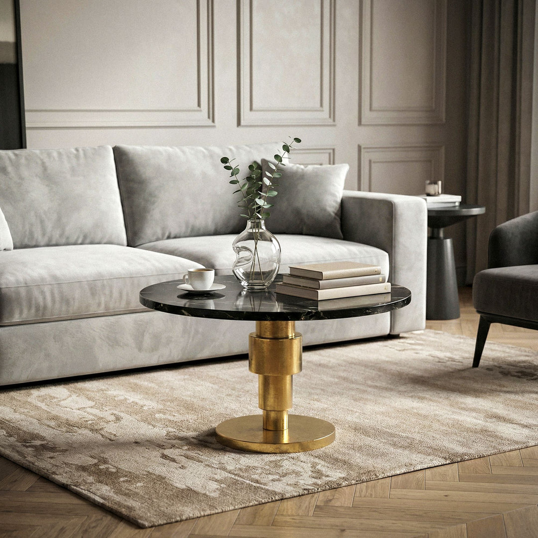 Rundt Sofabord 60 cm i Guld Aluminium med Sort Marmorbordplade – Moderne Designbord