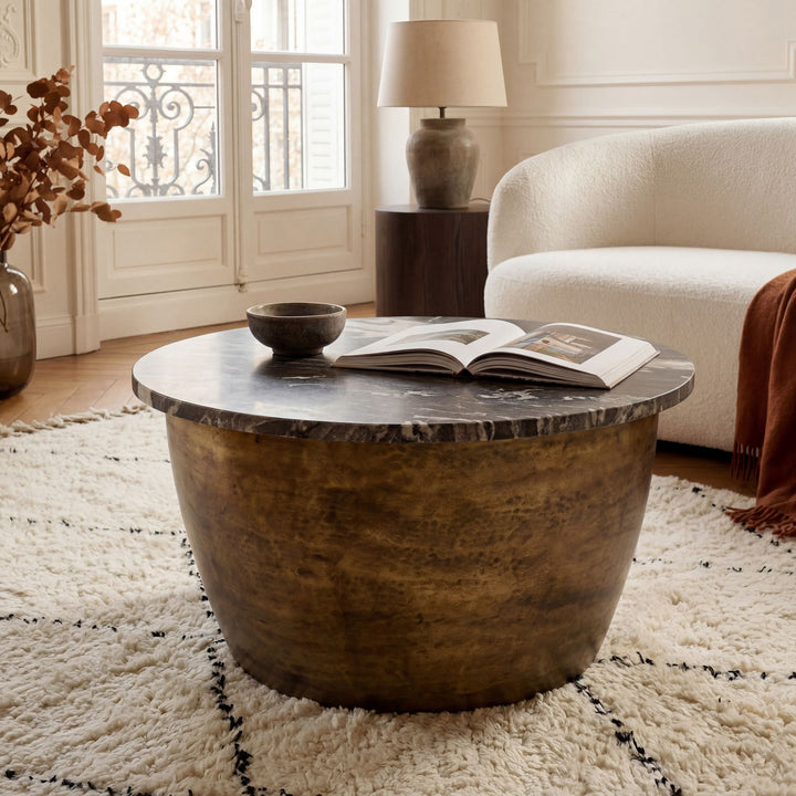 Rundt Sofabord 60 cm i Metal med Sort Marmorbordplade – Moderne Designbord