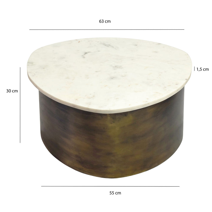 Sofabord 63 cm i Guld Aluminium med Hvid Marmorbordplade – Organisk Designbord