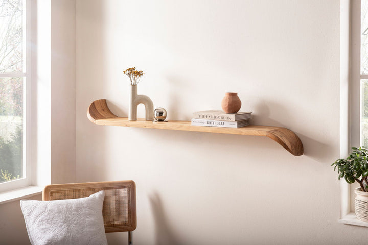 Mango vægreol i massivt træ 100 cm · Hængende hylde med buede ender · Håndlavet svævende hylde i moderne design · Hylde lavet af ægte træ