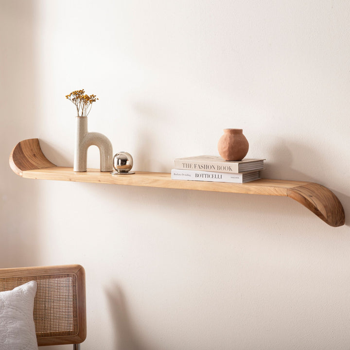 Mango vægreol i massivt træ 120 cm · Hængende hylde med buede ender · Håndlavet svævende hylde i moderne design · Hylde lavet af ægte træ