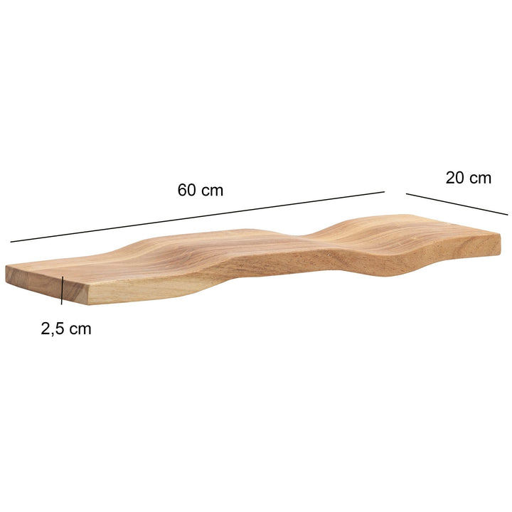 Væghylde i massivt træ af akacietræ 60 cm - Svævende designhylde til væggen i massivt træ - Hængende hylde i bølgeform - Væghylde lavet af ægte træ