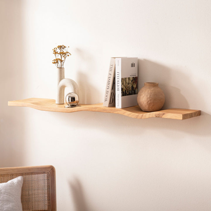 Væghylde i massivt akacietræ 100 cm - Svævende væghylde i massivt træ - Hængende hylde i bølgeform - Væghylde lavet af ægte træ