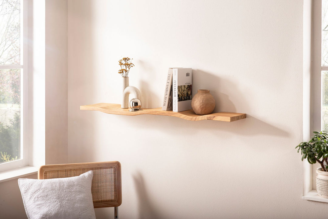 Væghylde i massivt træ af akacietræ 120 cm - Svævende designhylde til væggen i massivt træ - Hængende hylde i bølgeform - Væghylde lavet af ægte træ