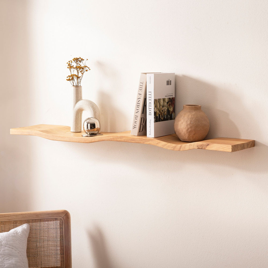Væghylde i massivt træ af akacietræ 120 cm - Svævende designhylde til væggen i massivt træ - Hængende hylde i bølgeform - Væghylde lavet af ægte træ