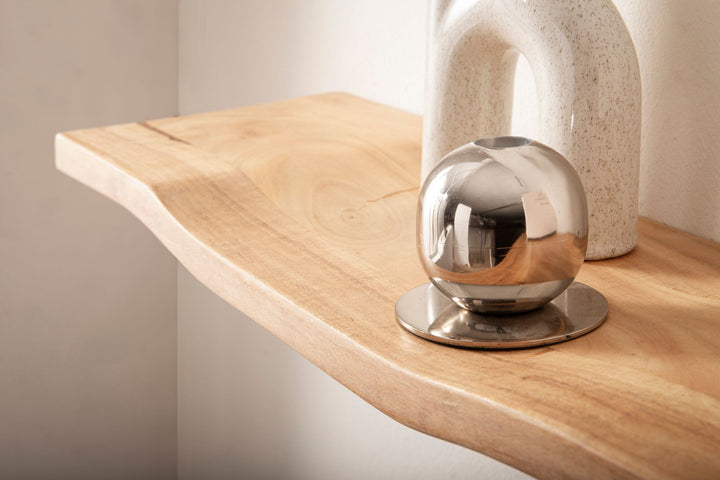 Væghylde i massivt træ af akacietræ 120 cm - Svævende designhylde til væggen i massivt træ - Hængende hylde i bølgeform - Væghylde lavet af ægte træ