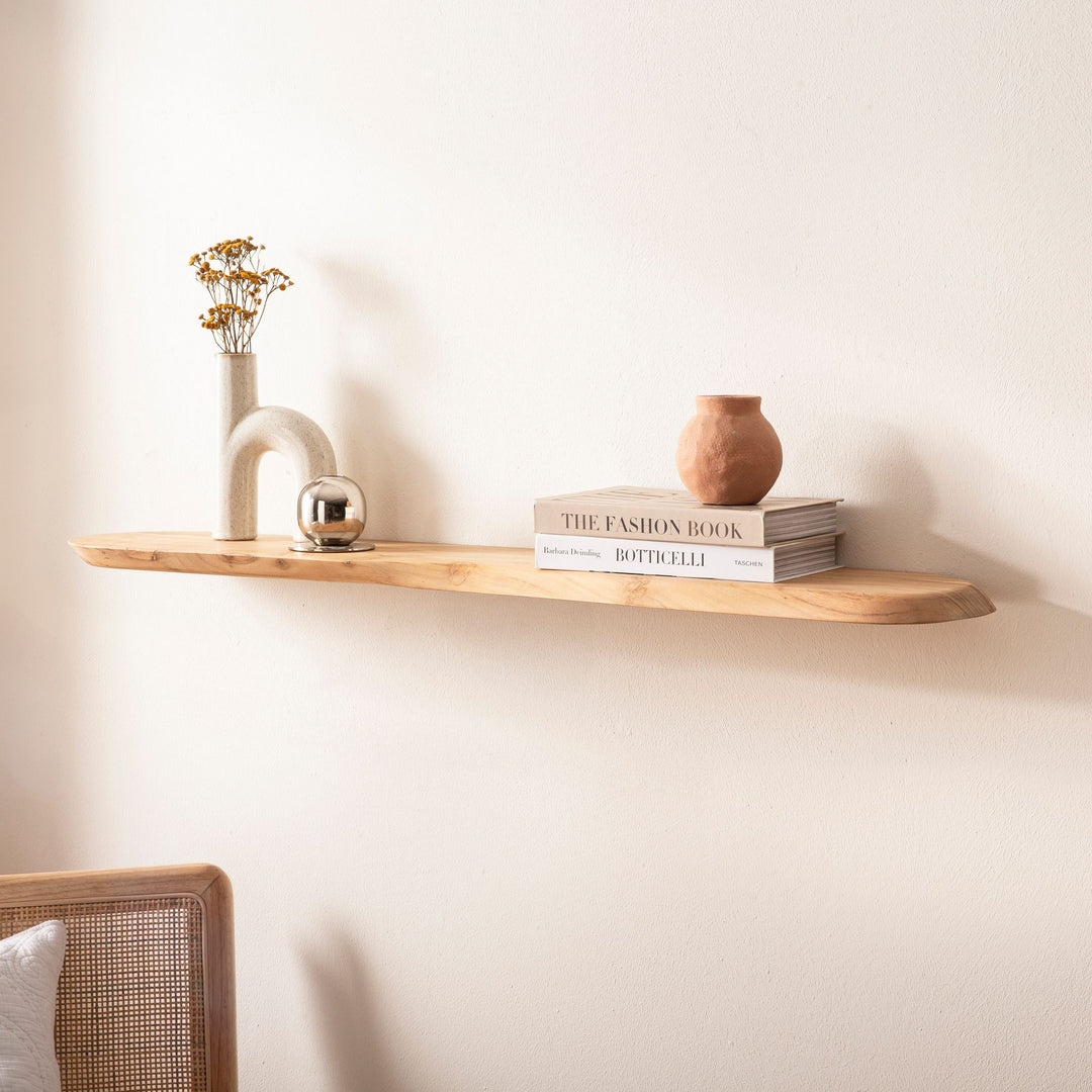 Væghylde i massivt træ af akacietræ 100 cm - Svævende designhylde til væggen i massivt træ - Hængende hylde i organisk form - Væghylde lavet af ægte træ