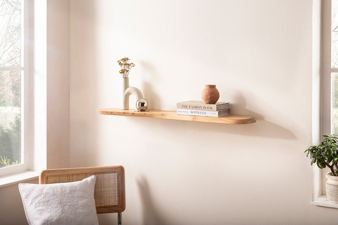 Væghylde i massivt træ af akacietræ 100 cm - Svævende designhylde til væggen i massivt træ - Hængende hylde i organisk form - Væghylde lavet af ægte træ