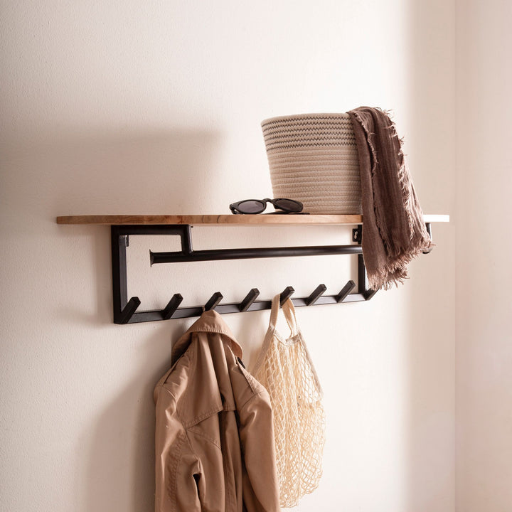 Knagerække af massivt akacietræ med rund kant 100 cm - Industrielt vægknagerække med hylde og 8 kroge, håndlavet