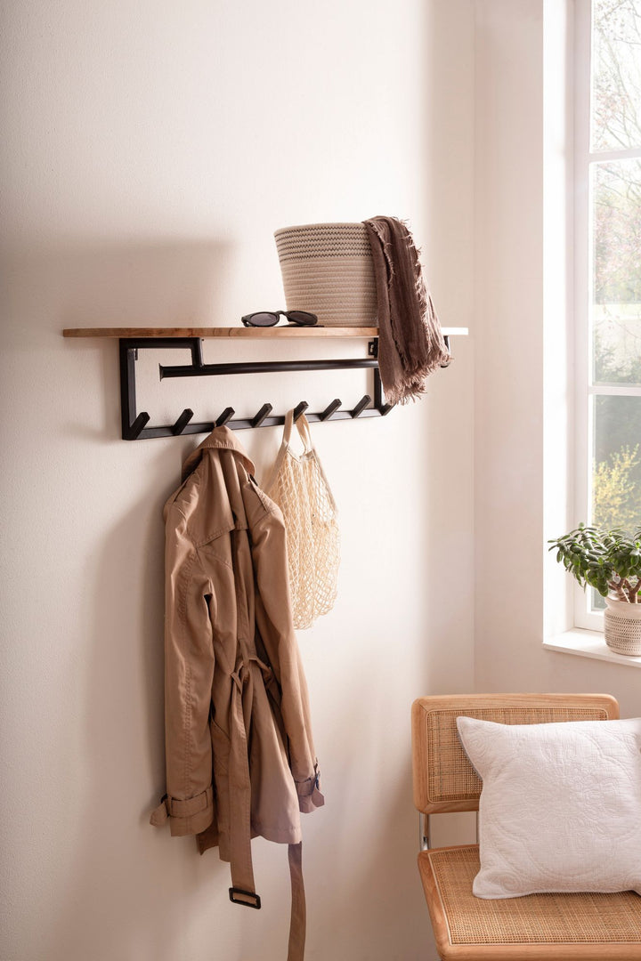 Knagerække af massivt akacietræ med rund kant 100 cm - Industrielt vægknagerække med hylde og 8 kroge, håndlavet