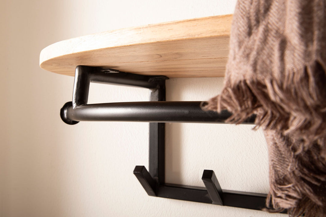 Knagerække af massivt akacietræ med rund kant 100 cm - Industrielt vægknagerække med hylde og 8 kroge, håndlavet