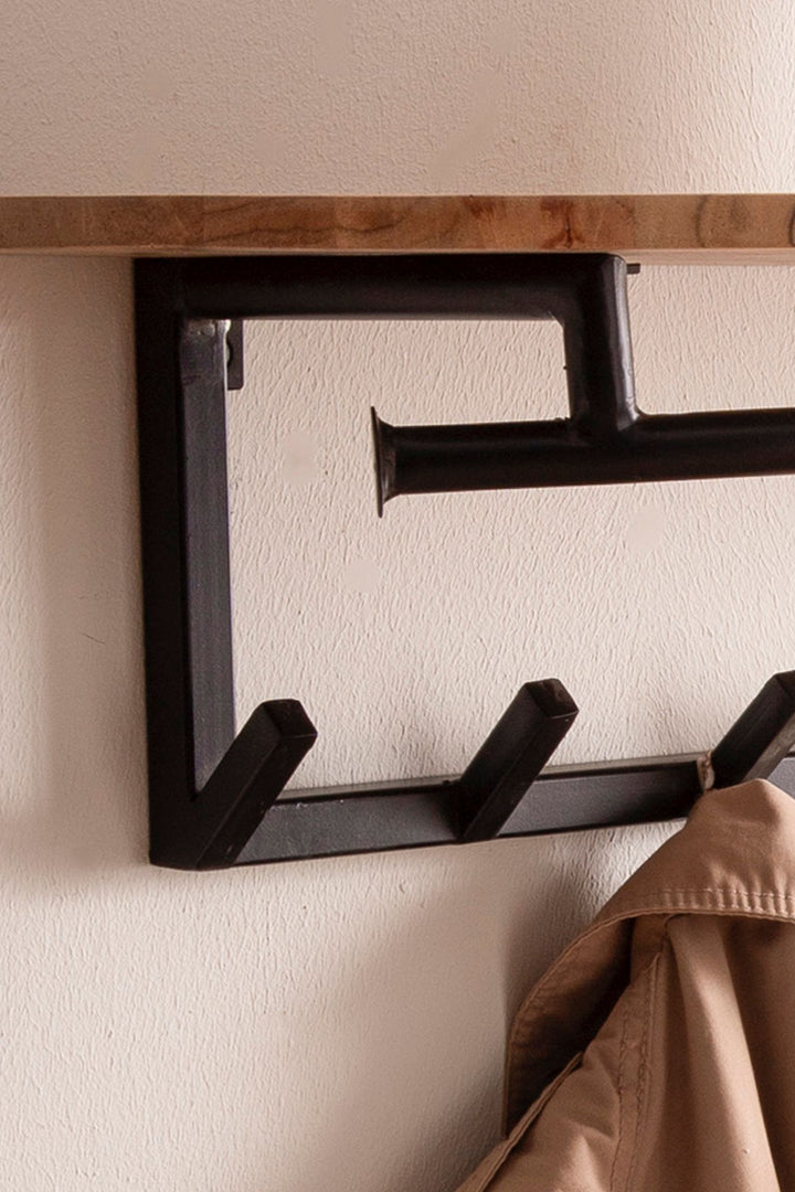 Knagerække af massivt akacietræ med rund kant 100 cm - Industrielt vægknagerække med hylde og 8 kroge, håndlavet