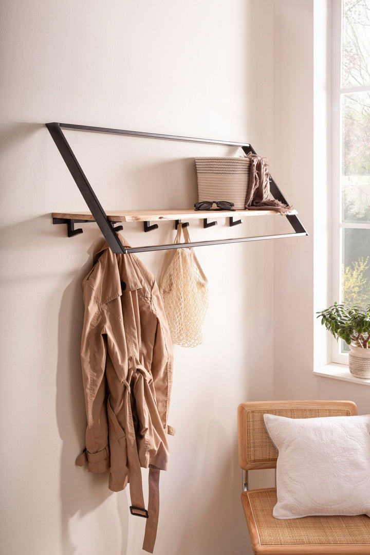 Massivt akacietræ knagerække med trækant 100 cm, industrielt væggarderobe med hylde og 6 kroge, håndlavet