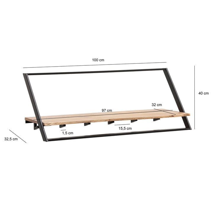 Massivt akacietræ knagerække med trækant 100 cm, industrielt væggarderobe med hylde og 6 kroge, håndlavet