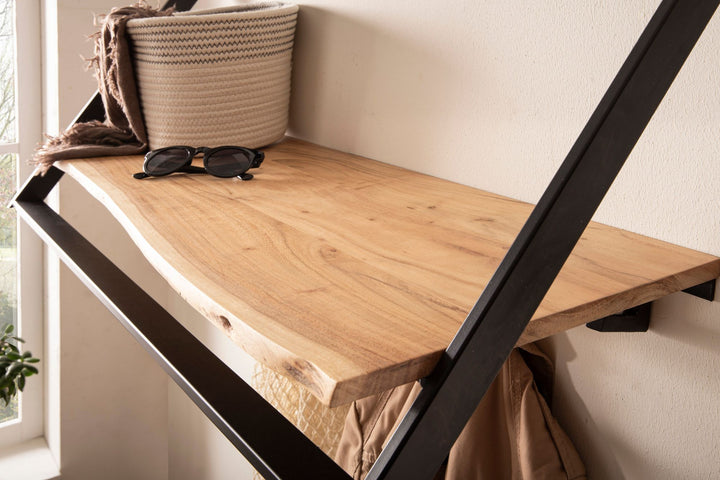 Massivt akacietræ knagerække med trækant 100 cm, industrielt væggarderobe med hylde og 6 kroge, håndlavet