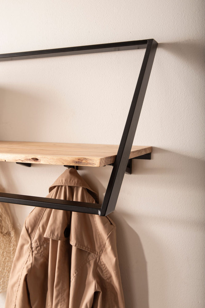 Massivt akacietræ knagerække med trækant 100 cm, industrielt væggarderobe med hylde og 6 kroge, håndlavet