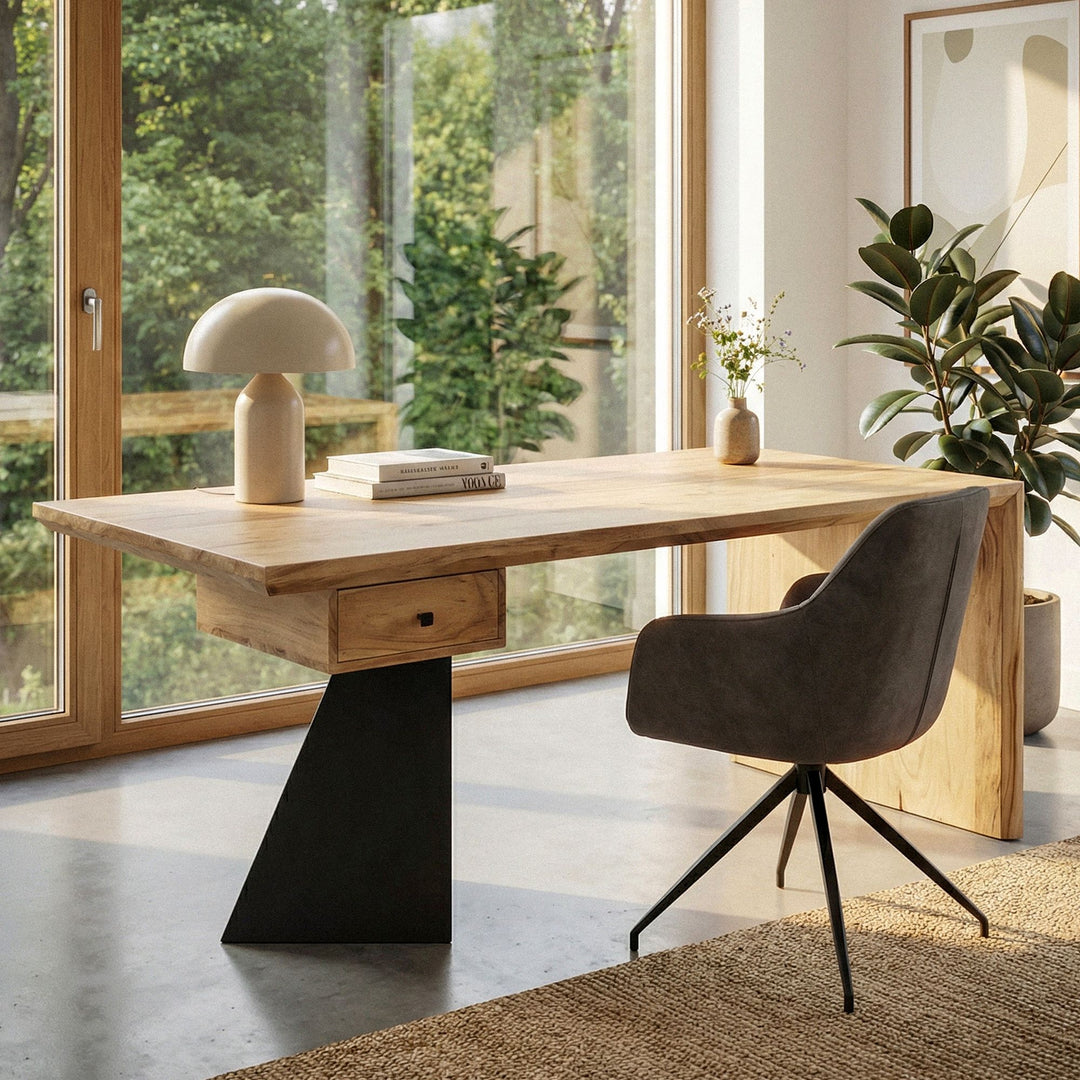 Skrivebord i massivt akacietræ 180 x 90 cm rektangulært med skuffe, naturligt træbord industrielt design