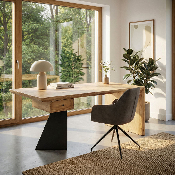 Skrivebord i massivt akacietræ 180 x 90 cm rektangulært med skuffe, naturligt træbord industrielt design