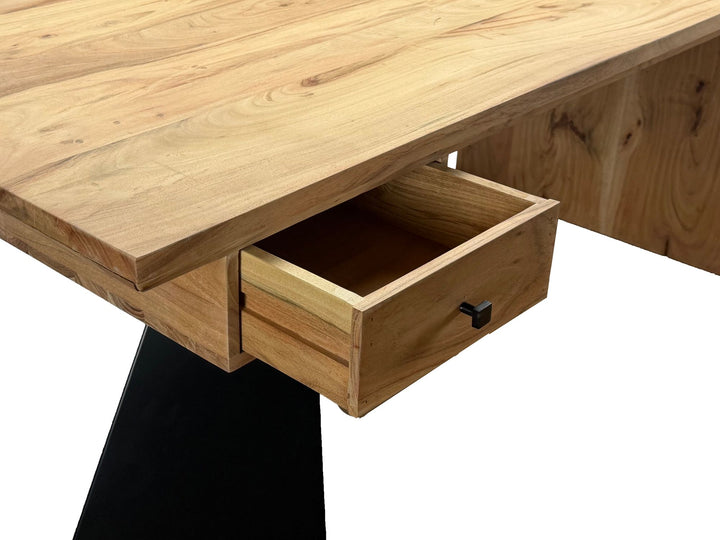Skrivebord i massivt akacietræ 180 x 90 cm rektangulært med skuffe, naturligt træbord industrielt design