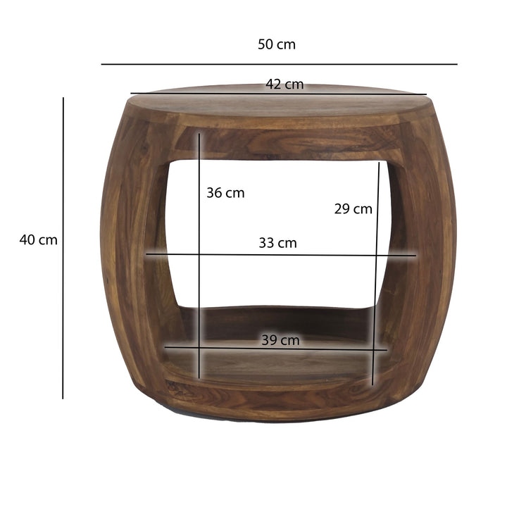 Sidebord Ø 50cm Sheesham massivt træ rundt med opbevaringsrum, sofabord ægte træ håndlavet