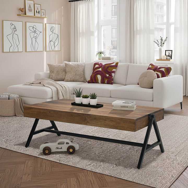 Sofabord i træ og metal – moderne industrielt design, rektangulært, 120 cm, brun