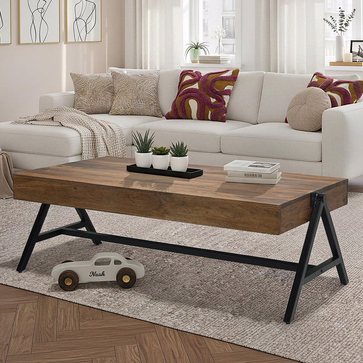 Sofabord i træ og metal – moderne industrielt design, rektangulært, 120 cm, brun