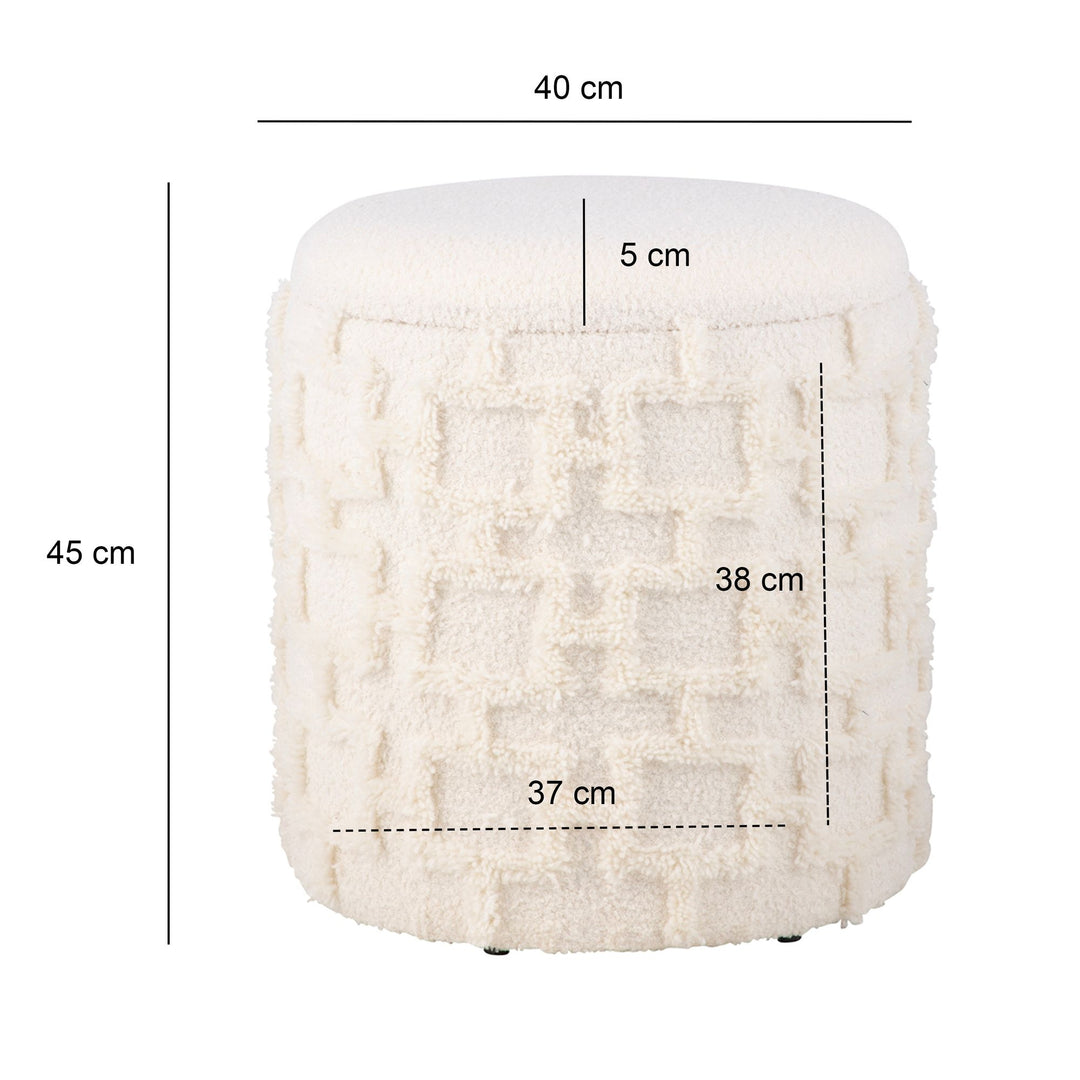 Opbevaringspuf 45x40 cm, Rund polstret puf med blødt tekstureret stof og låg, Moderne opbevaringspuf i cremefarvet, Komfortabel puf til stue, soveværelse og entré