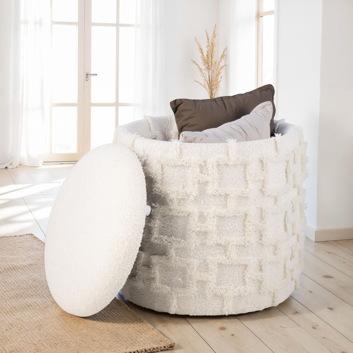 Opbevaringspuf 45x40 cm, Rund polstret puf med blødt tekstureret stof og låg, Moderne opbevaringspuf i cremefarvet, Komfortabel puf til stue, soveværelse og entré