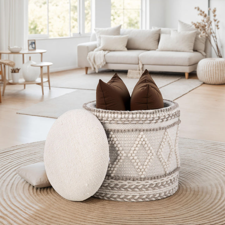 Opbevaringsskammel – Ø 40 x H 45 cm, rund stofopbevaringsskammel med boho-design