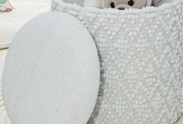 Rund uldskammel med opbevaring, boho-stil fodskammel Ø 40 cm x H 45 cm, aftageligt sæde, dekorativ skammel og fodskammel i hvid, sideskammel til stue, soveværelse, entre