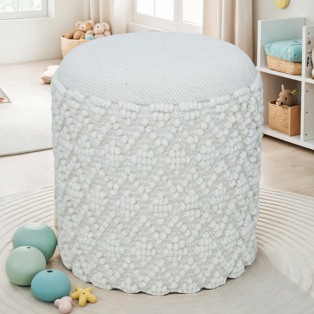 Rund uldskammel med opbevaring, boho-stil fodskammel Ø 40 cm x H 45 cm, aftageligt sæde, dekorativ skammel og fodskammel i hvid, sideskammel til stue, soveværelse, entre