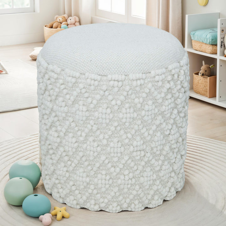 Rund uldskammel med opbevaring, boho-stil fodskammel Ø 40 cm x H 45 cm, aftageligt sæde, dekorativ skammel og fodskammel i hvid, sideskammel til stue, soveværelse, entre