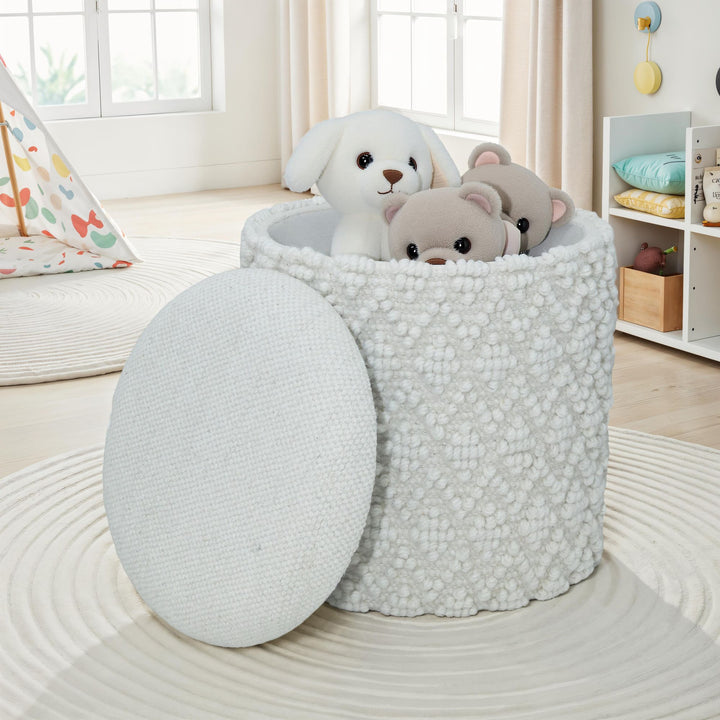 Rund uldskammel med opbevaring, boho-stil fodskammel Ø 40 cm x H 45 cm, aftageligt sæde, dekorativ skammel og fodskammel i hvid, sideskammel til stue, soveværelse, entre