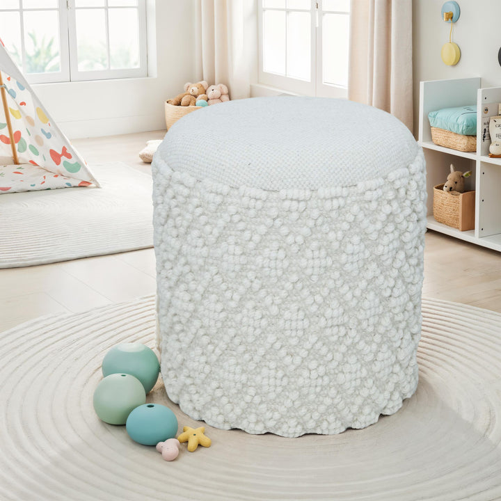 Rund uldskammel med opbevaring, boho-stil fodskammel Ø 40 cm x H 45 cm, aftageligt sæde, dekorativ skammel og fodskammel i hvid, sideskammel til stue, soveværelse, entre