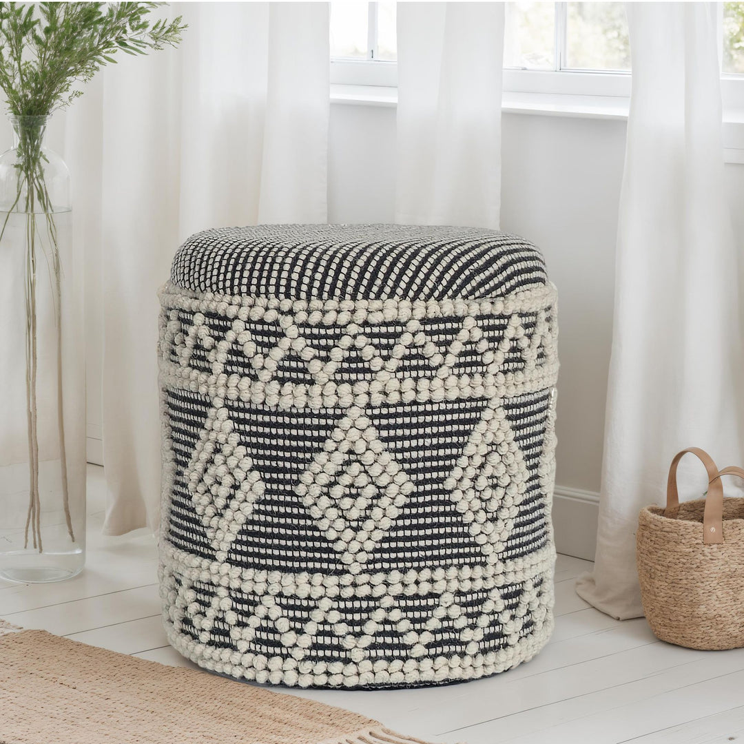 Uldpuf Ø 40 x 45 cm, grå-creme, rund Boho skammel med opbevaring & aftageligt låg