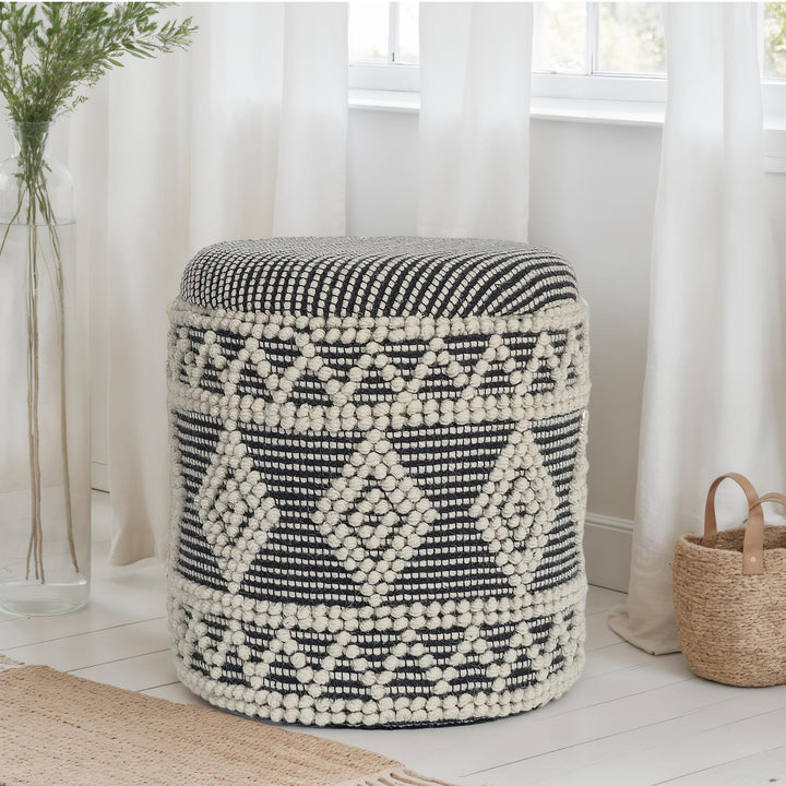 Uldpuf Ø 40 x 45 cm, grå-creme, rund Boho skammel med opbevaring & aftageligt låg
