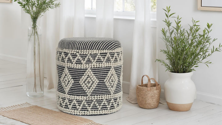 Uldpuf Ø 40 x 45 cm, grå-creme, rund Boho skammel med opbevaring & aftageligt låg