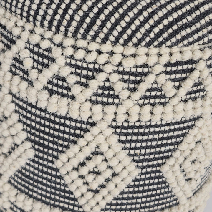 Uldpuf Ø 40 x 45 cm, grå-creme, rund Boho skammel med opbevaring & aftageligt låg