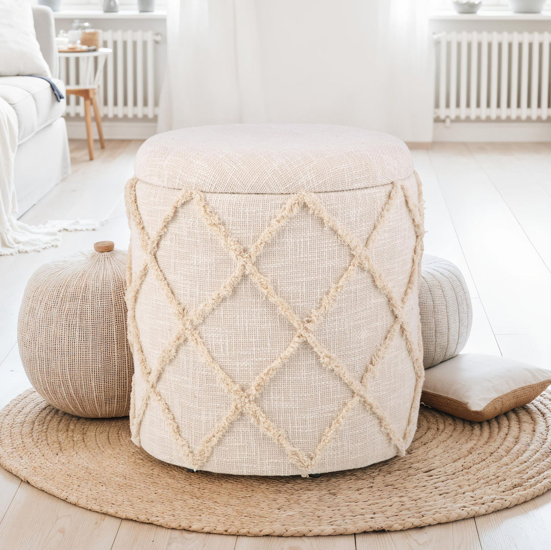 Rund opbevaringsfod, 40x40x45 cm, cremefarvet bomuldsbetrukket fod i boho-design, fod med aftageligt låg og opbevaringsrum, dekorativ stoffod til stue, soveværelse og entré