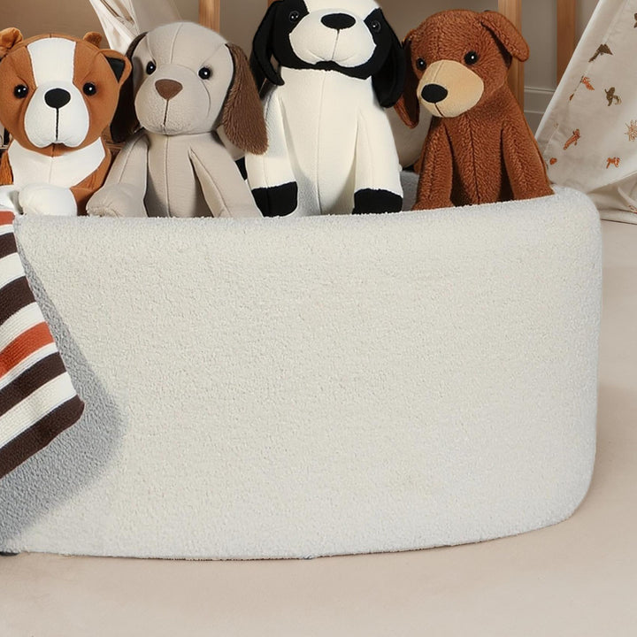 Oval stofpuf med opbevaring, 81 cm, aftageligt låg, moderne cremefarvet polstret puf, polstret opbevaringspuf til stue, soveværelse, entre